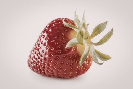 Fresh ripe strawberry with green leaves and vibrant red color against a clean white background for...