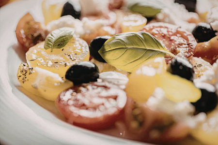 Fresh salad with tomatoes, olives, and basil on a white plate ready to be served as a healthy and...