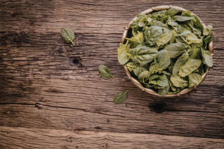Fresh spinach leaves in a wooden bowl on a rustic wooden table with a few leaves scattered around...