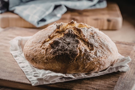 Freshly baked loaf of bread sits on a wooden cutting board, surrounded by a white cloth on a wooden...