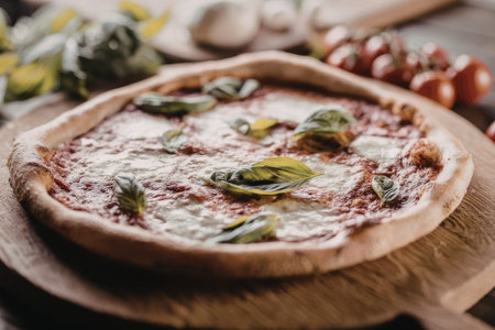 Freshly baked margherita pizza topped with basil leaves and mozzarella cheese served on a wooden...