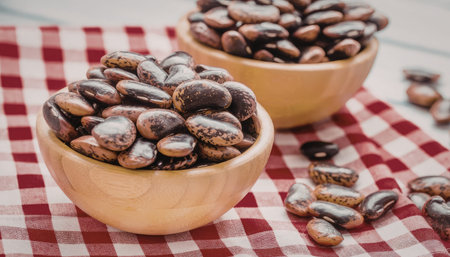 Black and brown speckled beans overflowing from wooden bowls on a red checkered tablecloth...