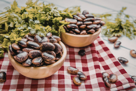 Freshly harvested black speckled beans in wooden bowls surrounded by parsley on a red checkered cloth showcasing a healthy organic food ingredient.の写真素材