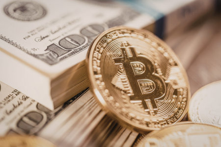 Gold bitcoin coin prominently displayed on top of a stack of usd one hundred dollar bills...