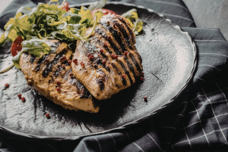Grilled chicken breast served with a fresh salad on a black slate plate and gray checkered cloth...