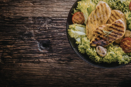 Grilled chicken breast served with fresh vegetables on a black plate over a rustic wooden table, showcasing a delicious and healthy meal option.の写真素材
