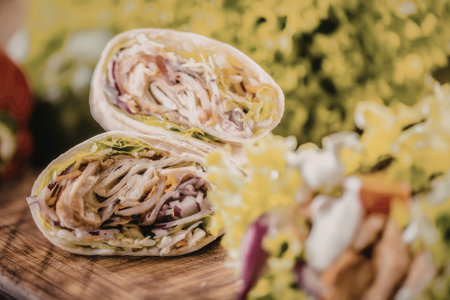 Two halves of a delicious chicken wrap filled with shredded chicken and vegetables served on a...