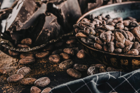 High quality cocoa beans and chocolate pieces are displayed in rustic bowls on a wooden surface with scattered beans around.の写真素材