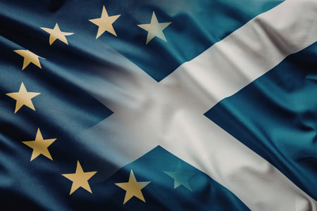 Scotland flag waving with European Union elements representing unity and cooperation between Scotland and European countries together symbolizing their shared identity and cultural ties.の写真素材