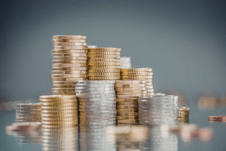 Stacks of gold and silver coins arranged in a pyramid shape on a reflective surface, symbolizing...