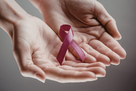 Person holding a pink breast cancer awareness ribbon in their hands symbolizing support and...