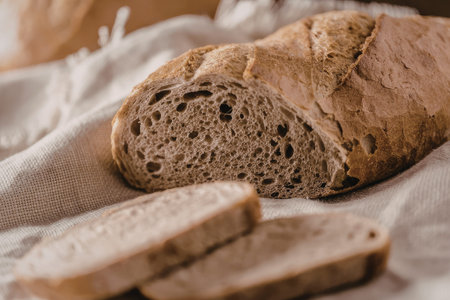 Freshly baked artisanal bread loaf cut into slices resting on a white linen cloth showcasing its...