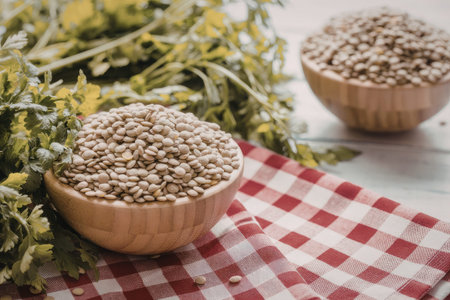 Fresh green herbs accompany wooden bowls filled with hemp seeds on a red checkered cloth table runner.の写真素材