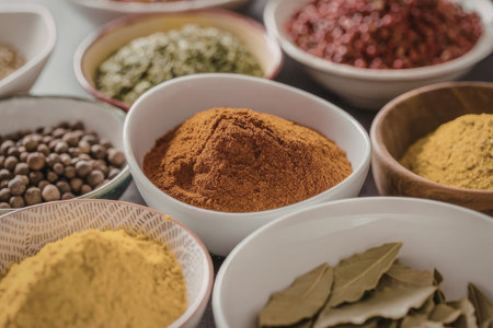 Various spices and herbs displayed in small bowls on a table, showcasing a mix of colors, textures,...