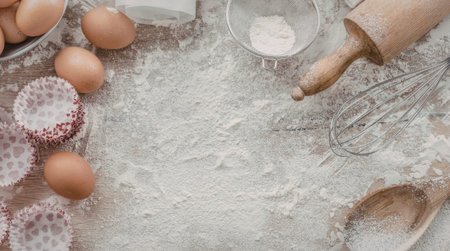 Baking ingredients and utensils scattered on a wooden table covered in flour, eggs, and other...