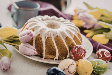 Colorful easter eggs and a glazed easter cake with tulips on a white table celebrating a festive...
