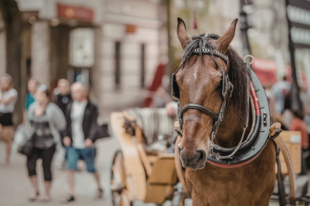 Brown horse adorned with traditional carriage harness stands calmly on a bustling urban street with...