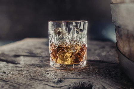Crystal whiskey glass filled with amber liquid and ice sits on a wooden table beside a wooden...