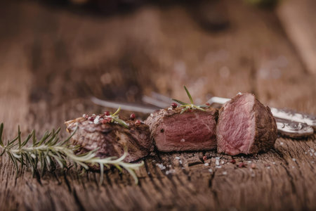 Delicious cooked steak filets served with rosemary and peppercorns on a rustic wooden table, beautifully presented with coarse salt and a knife.の写真素材