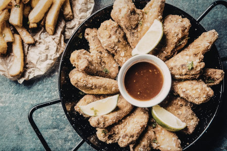 Crispy fried chicken wings served with dipping sauce and lime wedges in a black skillet accompanied...