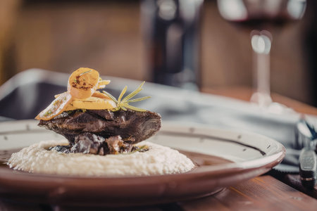 Gourmet lamb shanks served on a bed of creamy mashed potatoes with roasted vegetables, presented on...