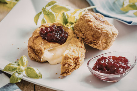 Fried camembert cheese served with red fruit sauce and fresh basil on a white plate.の写真素材