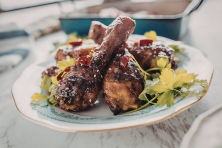 Glazed chicken drumsticks garnished with fresh parsley and red chili peppers served on a white...