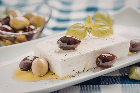Feta cheese served with olives and fresh basil on a white rectangular plate with a blue checkered tablecloth underneath, showcasing a traditional greek delicacy.の写真素材