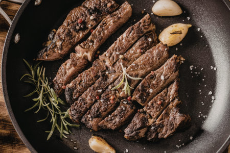 Grilled ribeye steak sliced into thin strips served with garlic cloves and rosemary in a cast iron skillet seasoned with salt and pepper.の写真素材