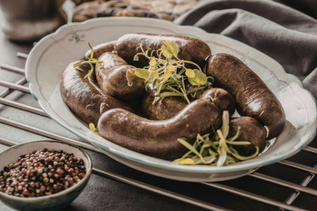 Grilled sausages served on a beautiful plate are garnished with fresh herbs and accompanied by a bowl of peppercorns nearby.の写真素材