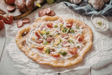 Homemade pizza topped with cherry tomatoes, chorizo, cheese, and green onions served with a side of...