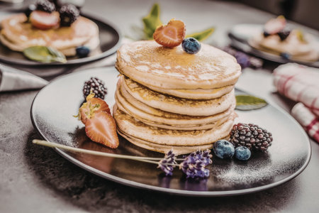 Fluffy pancakes stacked on a black plate topped with fresh berries and syrup surrounded by lavender...