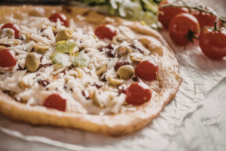 Homemade pizza topped with melted cheese, cherry tomatoes, green olives, and parsley, freshly baked and ready to be served on a crumpled baking sheet.の写真素材