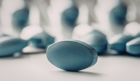 Blue tablets are scattered on a white surface with one tablet in sharp focus in the foreground and...