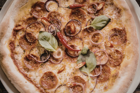Pepperoni pizza topped with melted cheese, fresh basil leaves, red chili peppers, and onions served hot in a white plate.の写真素材