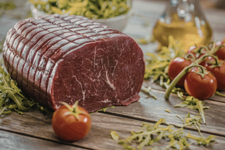 Raw meat surrounded by fresh tomatoes, arugula, and olive oil on a wooden table, creating a rustic...