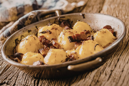 Roasted potatoes and sausages cooked to perfection in a rustic metal pan on a wooden table served as a hearty and delicious meal.の写真素材