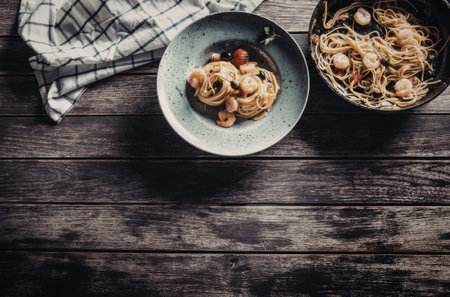 Shrimp pasta served in a ceramic bowl and cooked in a pan on a rustic wooden table with a checkered tablecloth.の写真素材