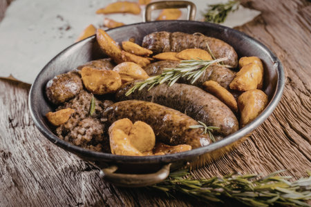Sausages cooked with potatoes and rosemary in a pan placed on a rustic wooden table with fresh herbs...