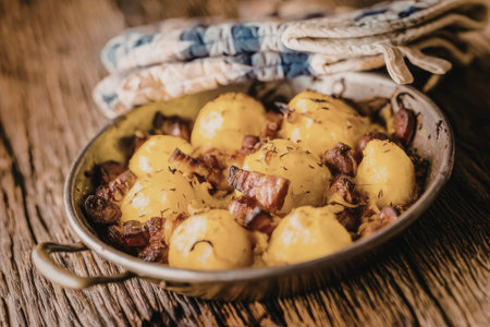 Roasted potatoes with crispy bacon and herbs served in a metal dish on a wooden table showcasing a...