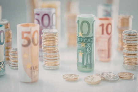 Rolled euro banknotes and stacked coins on white surface symbolizing financial transactions and...