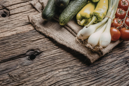 Fresh cucumbers, green peppers, onions, and tomatoes arranged on a rustic wooden table with a burlap...