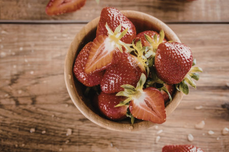 Fresh strawberries in a wooden bowl on a rustic table with sliced strawberries and seeds scattered...