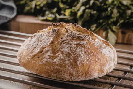 Freshly baked artisan bread loaf sits on metal cooling rack surrounded by fresh green herbs on a...