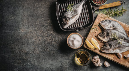 Fresh sea bream fish on a wooden cutting board with rosemary, lemon, garlic, salt, and oil, ready...