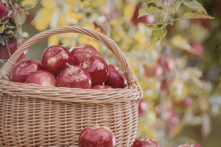 Fresh red apples overflow from a wicker basket amidst a lush green apple orchard with ripe fruit...