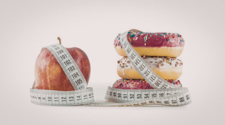 Red apple and stack of donuts wrapped in measuring tape representing healthy food choices and...