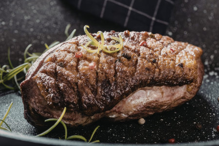 Grilled steak cooked to perfection and garnished with fresh rosemary and peppercorns served on a black plate.の写真素材