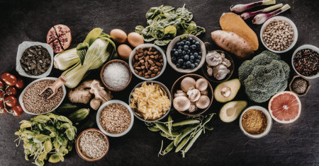 Assortment of fresh fruits, vegetables, whole grains, and nuts arranged on a dark background...