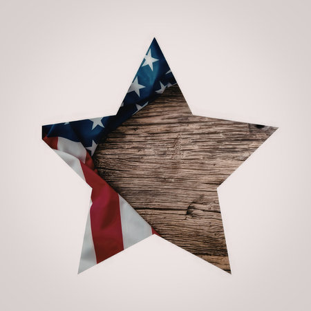 Patriotic star symbol made from wooden texture with american flag fabric elegantly draped over its...